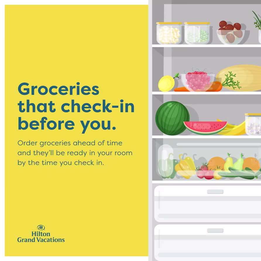 Infographic explaining Hilton Grand Vacations stock my fridge service. 