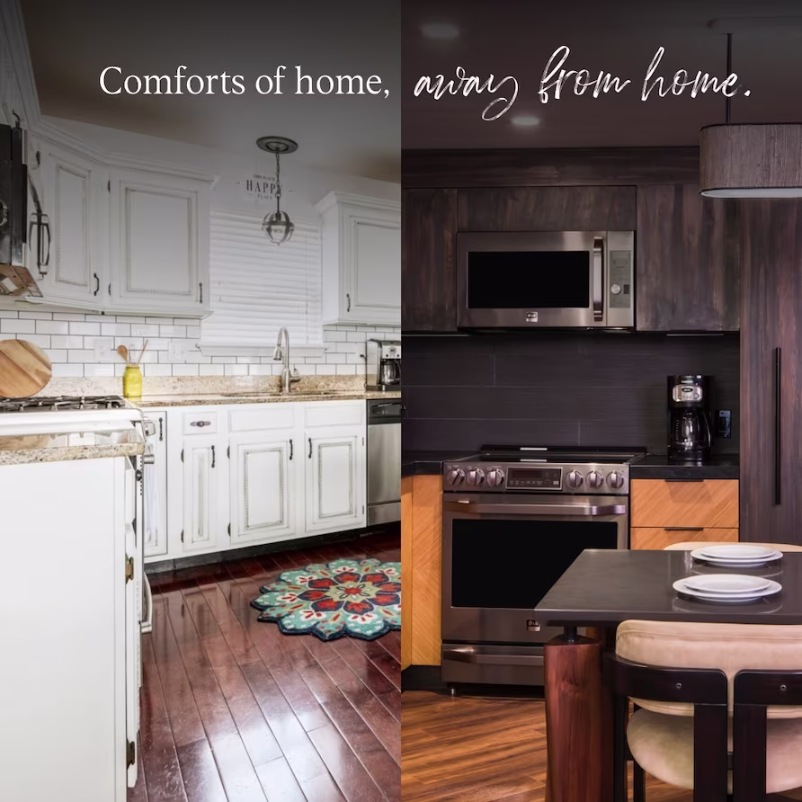 A side by side picture of a Hilton Grand Vacations suite kitchen and a residential kitchen for a home away of from home comparison. 