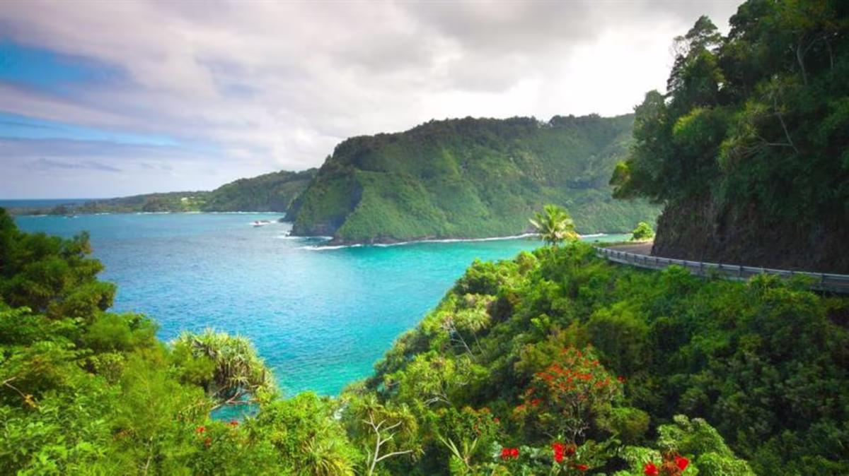 Hana Highway in Maui, with verdant forests and blue ocean