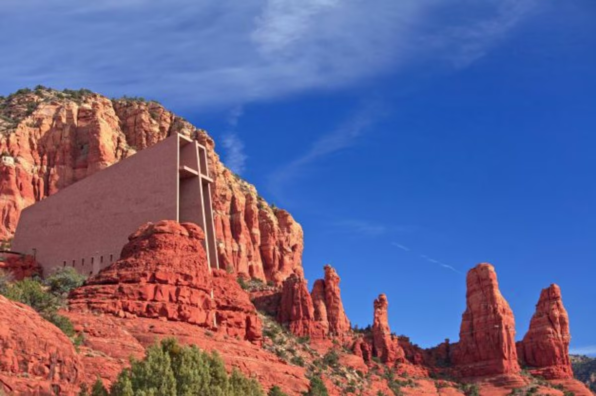 Stunning image, Chapel of the Holy Cross, red rocks, blue skies, Sedona, Arizona.