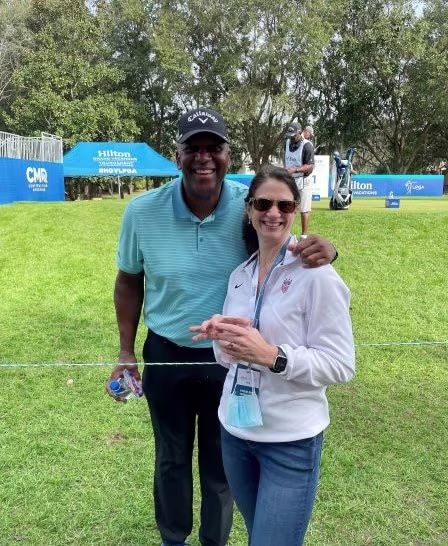 Hilton Grand Vacations Owner posing with celebrity, the 2022 Hilton Grand Vacations Tournament of Champions, Orlando, Florida. 