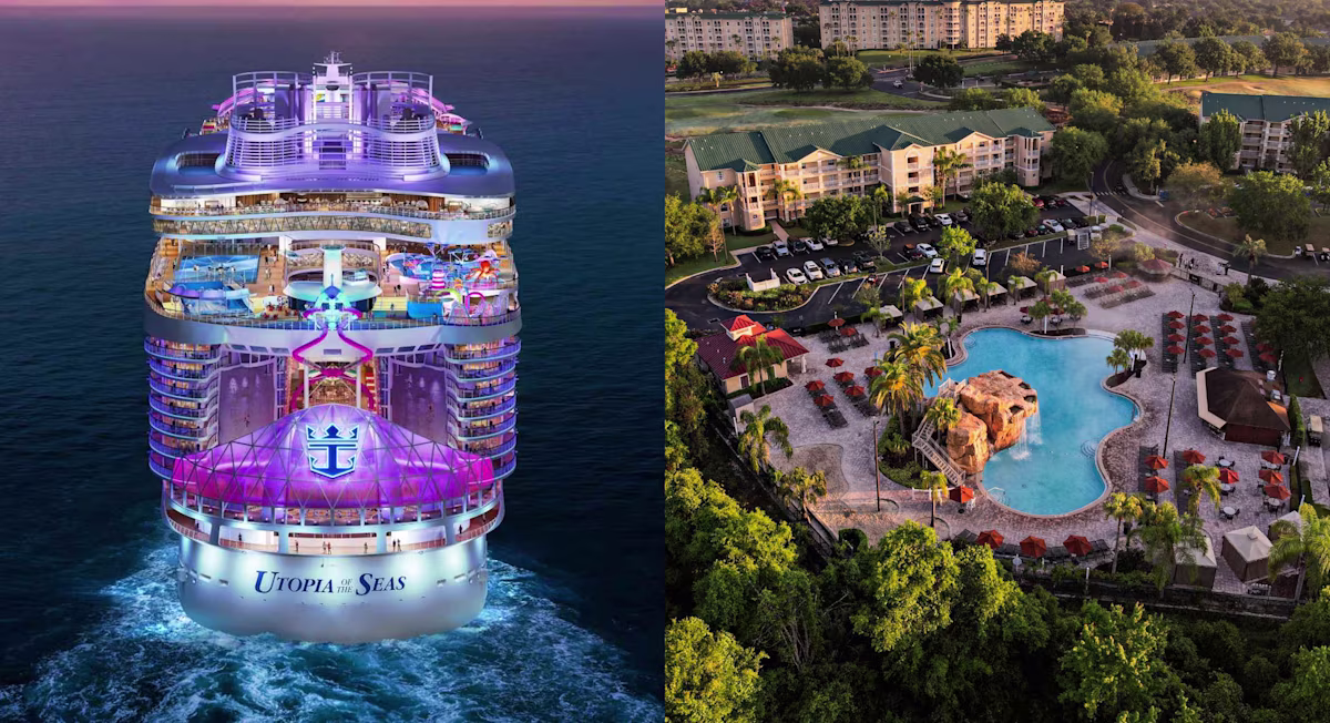 Exterior shot of the cruise ship and mystic dunes resort side by side