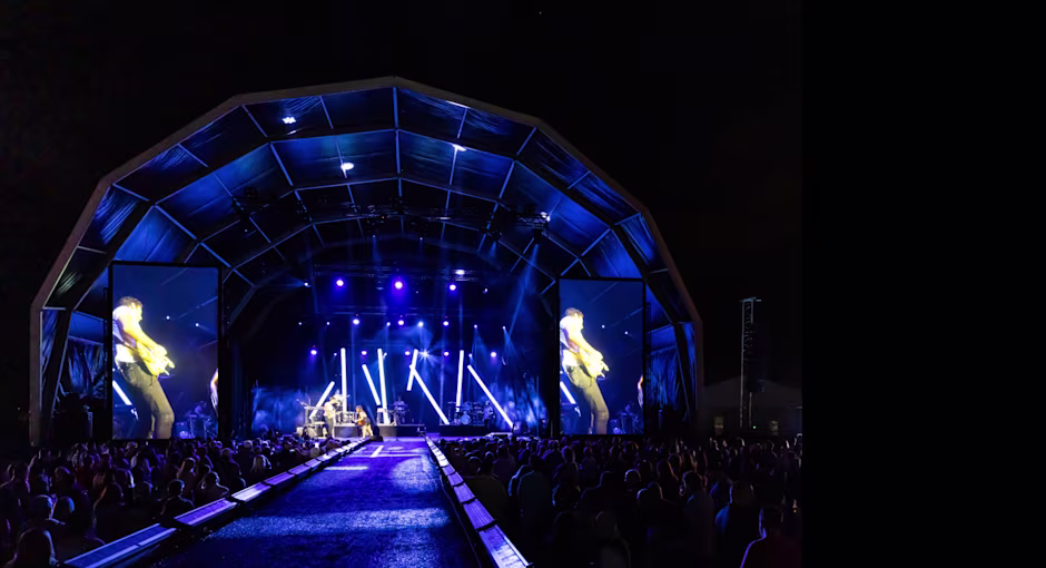 Jumbotrons and bright lights at a concert.