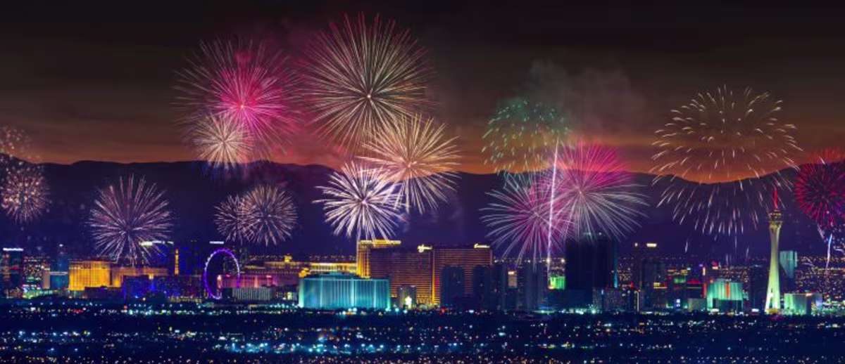 Multi-colored fireworks above the Las Vegas Strip