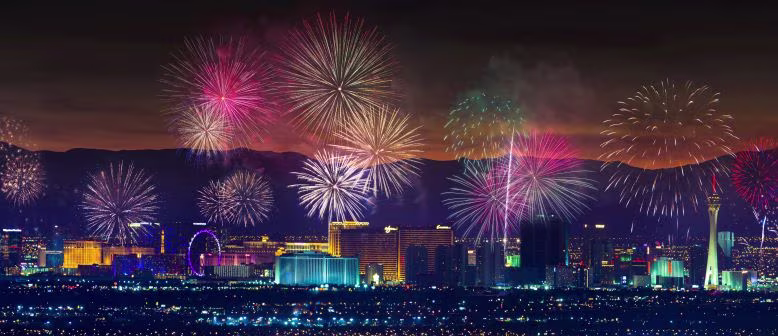 Multi-colored fireworks above the Las Vegas Strip