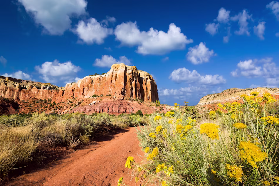 A red sand road through the New Mexican desert along a butte under a beautiful blue sky.