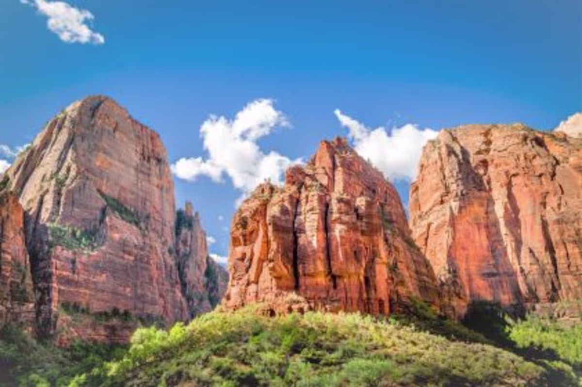 Otherworldly red rock formations against bright blue skies, Brian Head, Utah.