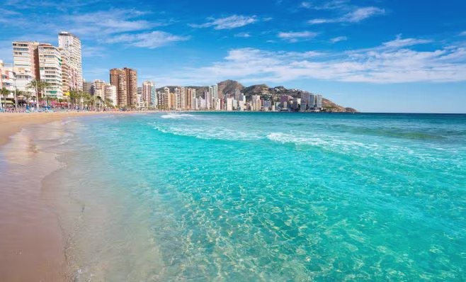 Gorgeous European coastal city, turquoise waters, Alicante province, Spain. 