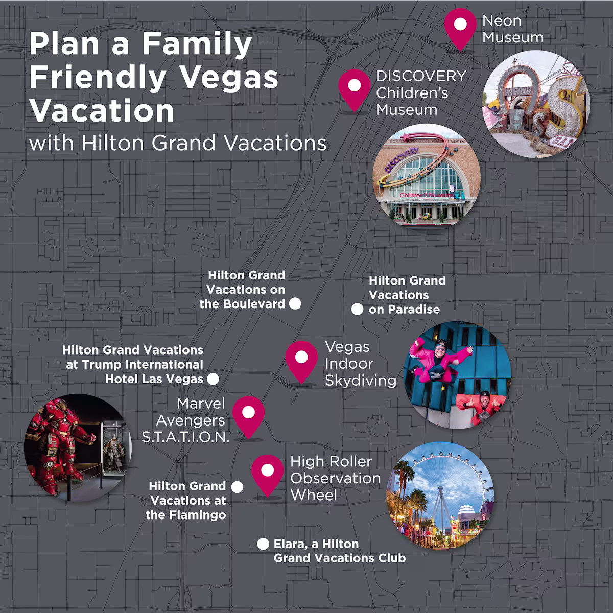 Infographic explaining family-friendly things to do in Las Vegas. 