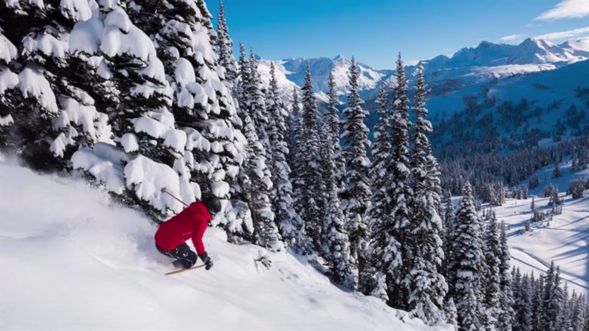 A skier in a red coat on a snowy mountain