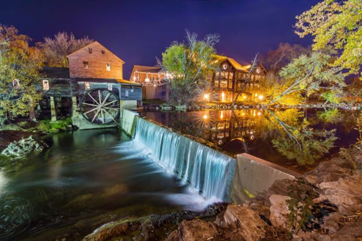 Historic Old Mill Square lit up at night, Pigeon Forge, Tennessee.