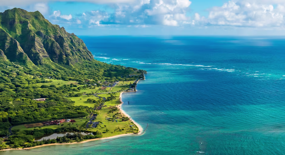Tropical mountain coastling by an azure sea.
