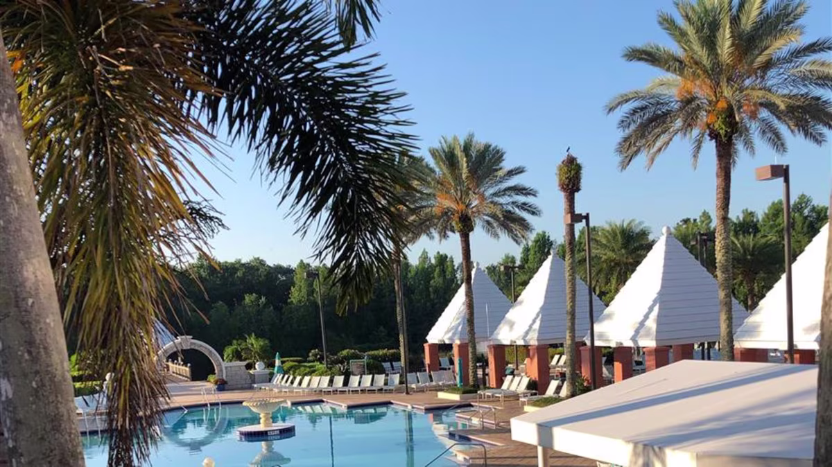 Poolside view at Hilton Grand Vacations at SeaWorld in Orlando, Florida.