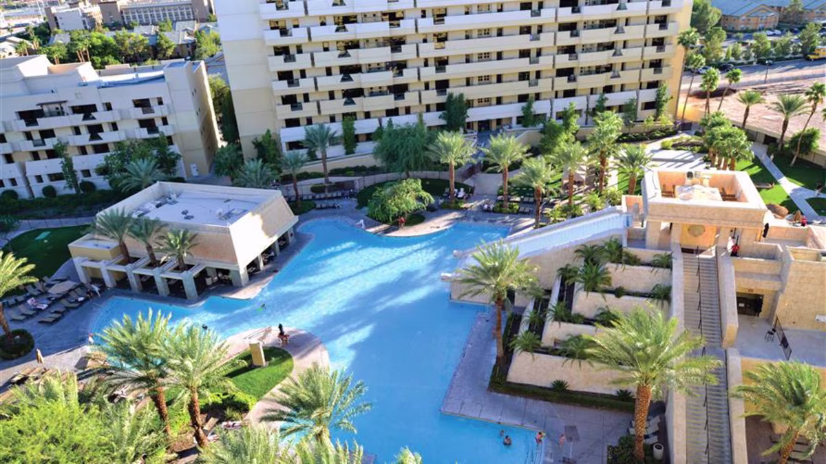 An aerial view of the resort and pool at Cancun Las Vegas, a Hilton Vacation Club