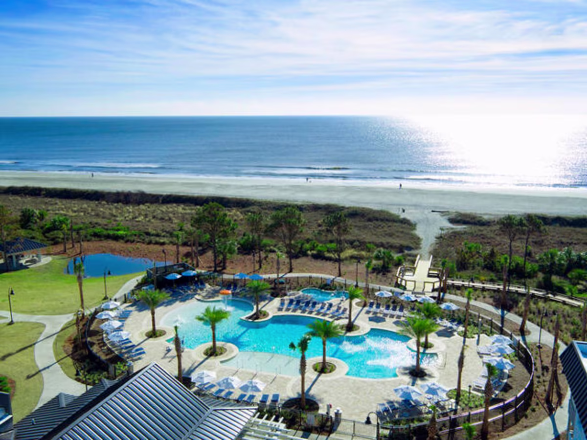 Beautiful Aerial view, pool and shoreline, Ocean Oak Resort, a Hilton Grand Vacations Club, Hilton Head Island, South Carolina.