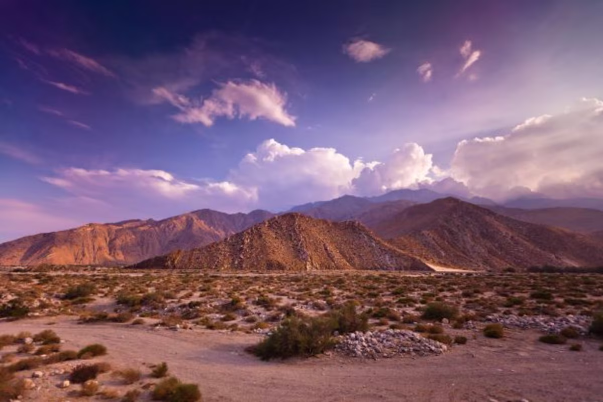 Image, dramatic purple sky over beautiful desert landscape, Palm Desert, California.