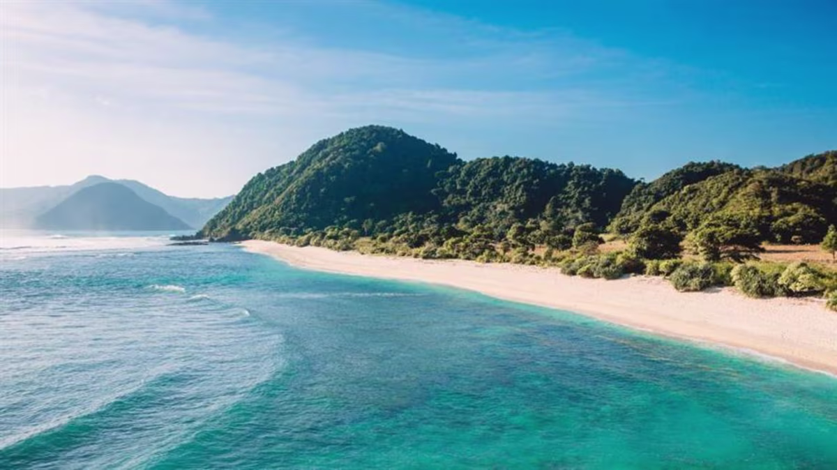 View of Bali's blue water and white beaches in Indonesia